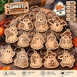 May include: A collection of wooden ghost keychains featuring various designs including ghosts with pumpkins, hats, flowers, and skateboards. Each keychain has a metal ring. A wooden sign displays the text GHOST KEYCHAINS LASER CUT FILES.