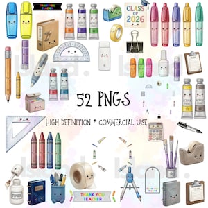 Introduktionserbjudande - Kawaii School Clipart-paket - 52 PNG-bilder, söta brevpappersgrafik för lärare, tillbaka till skolan, digital planerare, kommersiellt bruk