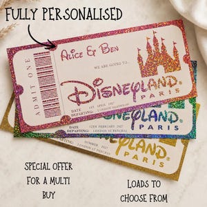 May include: Three rectangular Disneyland Paris souvenir tickets with glittery borders. The top ticket is pink with the text Alice & Ben, We are going to, Disneyland Paris, 1st April 2027, London Heathrow, and Admit One. The others feature blue and gold glitter.