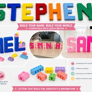 Puede incluir: Una colección de letras impresas en 3D compatibles con bloques de construcción, mostradas en varios colores como verde, azul, amarillo, rojo, naranja y rosa. Las letras forman nombres como STEPHEN, MEL, SAMANTHA y SAM, con superficies de tacos.