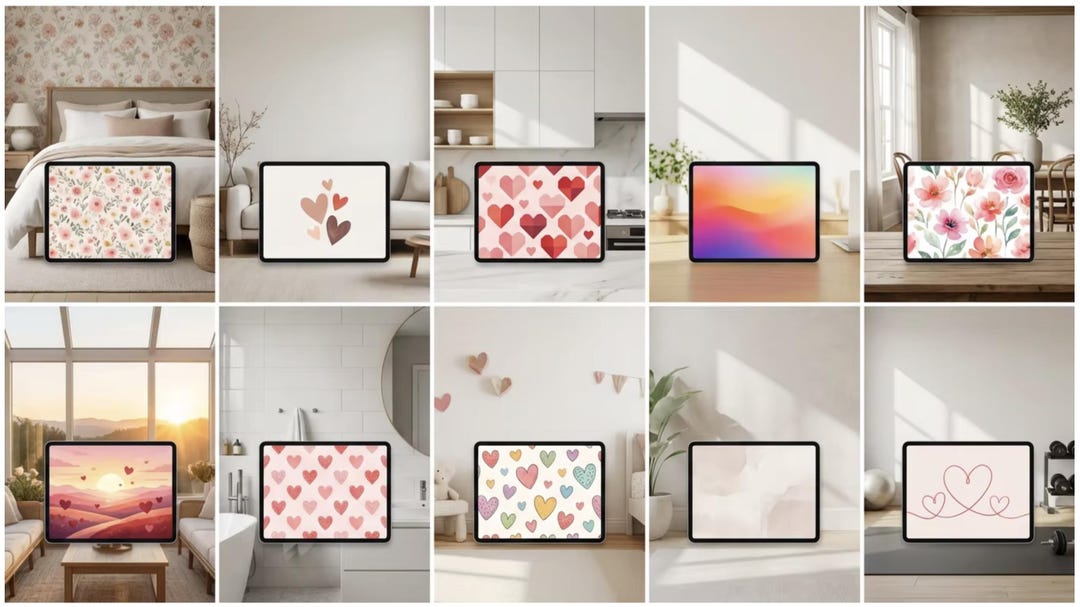 Valentine's Day iPad Wallpaper, Boho Floral Heart Tablet Backgrounds