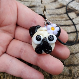 Pug with Flower - Glass Pendant
