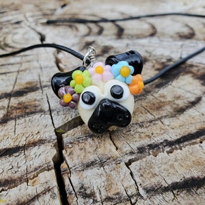 Pug with Flower Crown- Glass Pendant