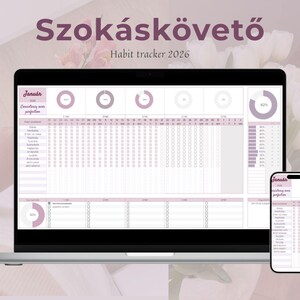 Könnte beinhalten: Ein digitaler Gewohnheitstracker für 2026, dargestellt auf einem Laptop und einem Smartphone. Das Design weist ein rosa-weißes Farbschema mit dem Text "Szokáskövető" und "Habit tracker 2026" auf. Der Bildschirm zeigt ein Kalenderlayout mit Fortschrittsanzeigen.