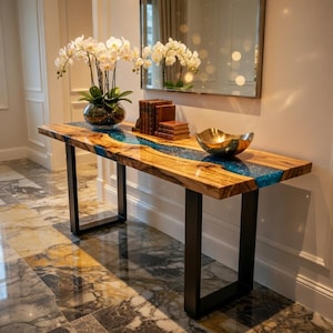 Konsolentisch aus Epoxidharz im Ozean, handgefertigte Sofamöbel aus Holz in der Eingangshalle, Konsolentisch aus Harz mit Live Edge, Konsolentisch im Flusswalnussstil