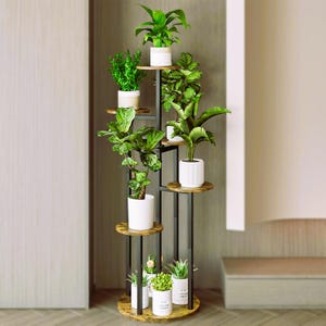 May include: A multi-tiered plant stand with a black metal frame and wooden shelves. The stand holds several potted plants with green foliage and white pots, creating a vertical garden display. The stand is placed indoors against a neutral wall.
