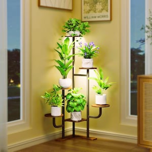 6 Tier Corner Plant Stand Grow Light, Metal Indoor Shelf, Living Room Decor Brown