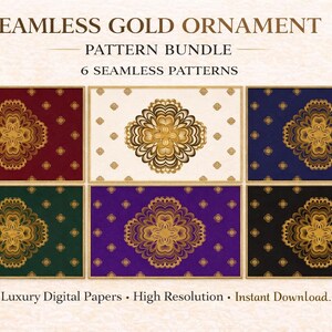 Pacchetto di motivi floreali dorati tailandesi senza soluzione di continuità / Carta digitale ornamentale elegante (download immediato)