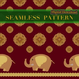 Royal Maroon Gold Elephant Seamless Pattern, Luxury Thai Mandala Digital Paper (Digital Download)