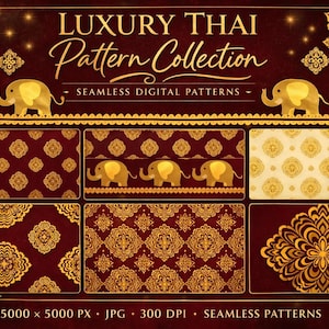 May include: A digital art collection titled "Luxury Thai Pattern Collection" featuring seamless patterns in gold and burgundy. The image includes decorative elephants and floral designs, with the Etsy logo visible.