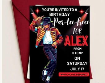 Verjaardagskaart met Michael Jackson-thema, uitnodiging voor een popsterfeest, zwart verjaardagssjabloon, bewerkbare Canva-uitnodiging, feest met dansthema