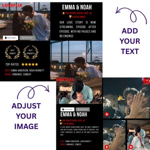 May include: A promotional image for a streaming service, featuring multiple scenes of a romantic couple. The text "EMMA & NOAH" is prominently displayed, along with details about the show's genre and cast. The image includes the Netflix logo and calls to action.