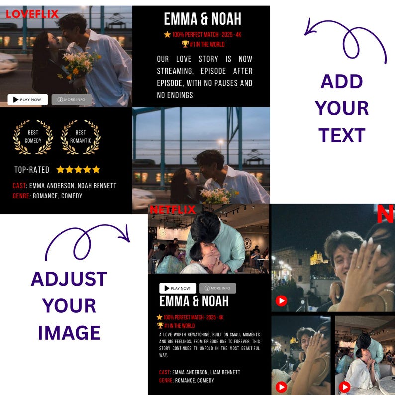 May include: A promotional image for a streaming service, featuring multiple scenes of a romantic couple. The text "EMMA & NOAH" is prominently displayed, along with details about the show's genre and cast. The image includes the Netflix logo and calls to action.