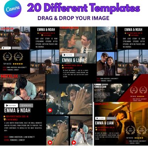 May include: A Canva template featuring 20 different templates with the text "Drag & Drop Your Image." The templates showcase romantic movie scenes with the titles "Emma & Noah" and "Emma & Liam." The color scheme is primarily black, red, and white.