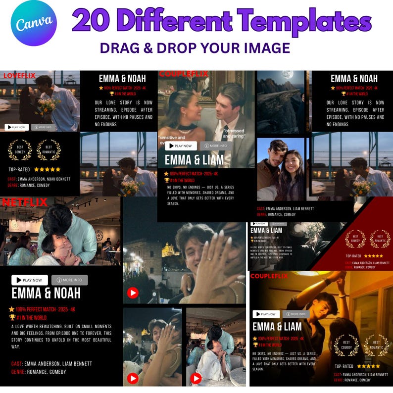 May include: A Canva template featuring 20 different templates with the text "Drag & Drop Your Image." The templates showcase romantic movie scenes with the titles "Emma & Noah" and "Emma & Liam." The color scheme is primarily black, red, and white.