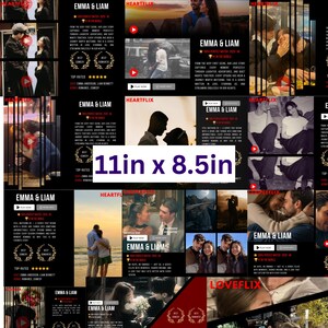 May include: A collage of promotional materials for a series titled "Emma & Liam" and the streaming service "Heartflix." The materials include images of couples, text, and the dimensions 11in x 8.5in.