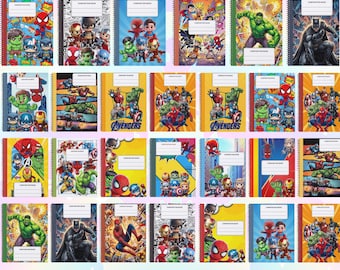 Capas para cadernos de composição com tema de super-heróis, modelo imprimível para volta às aulas no Canva, capa personalizada para caderno de composição, download instantâneo.