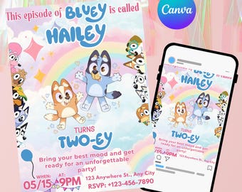 Editable Bluey & Bingo Invitation | Kids Birthday Party Canva Template