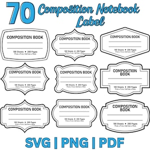 May include: A collection of eight white composition notebook labels with black borders and text. Each label features the words COMPOSITION BOOK, two blank lines, and the text 100 Sheets, 200 Pages, 9.75 in x 7.5 in, 24.7 cm x 19 cm.
