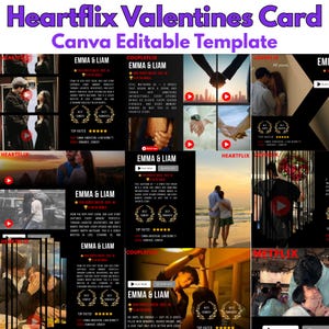 May include: A digital template for a Valentine's Day card, featuring the text "Heartflix Valentines Card Canva Editable Template." The design includes images and text related to romance and couples, with the names "Emma & Liam" prominently displayed.