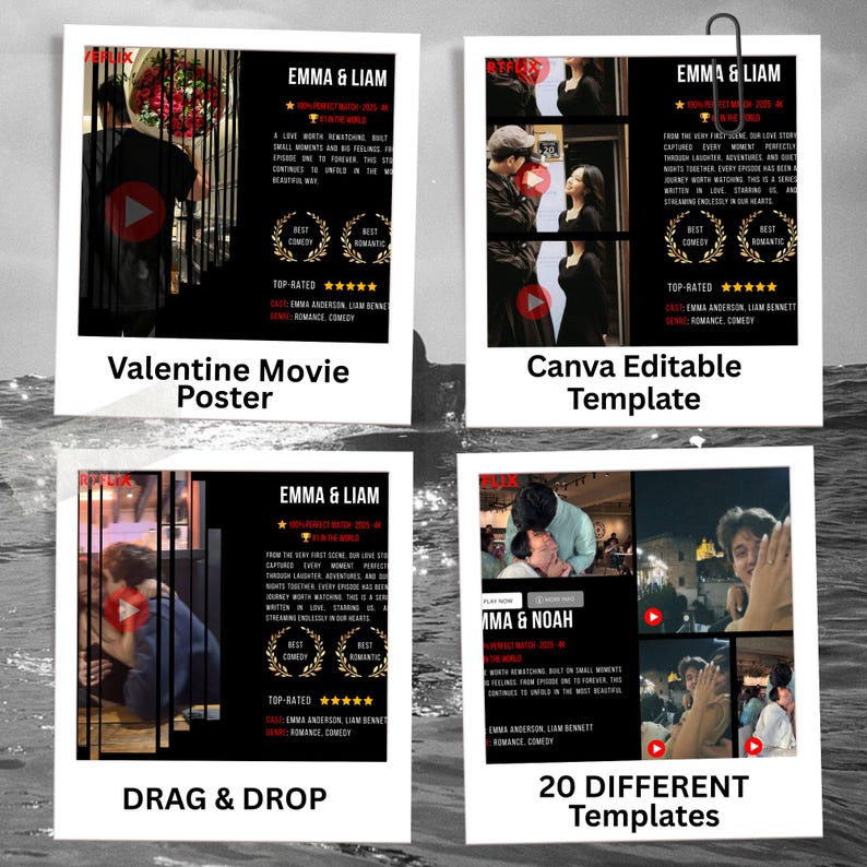 May include: A collection of four Canva editable templates for movie posters. Each template features a romantic theme with the text "EMMA & LIAM" and "MMA & NOAH". The templates include text such as "Valentine Movie Poster", "Canva Editable Template", "Drag & Drop", and "20 Different Templates".