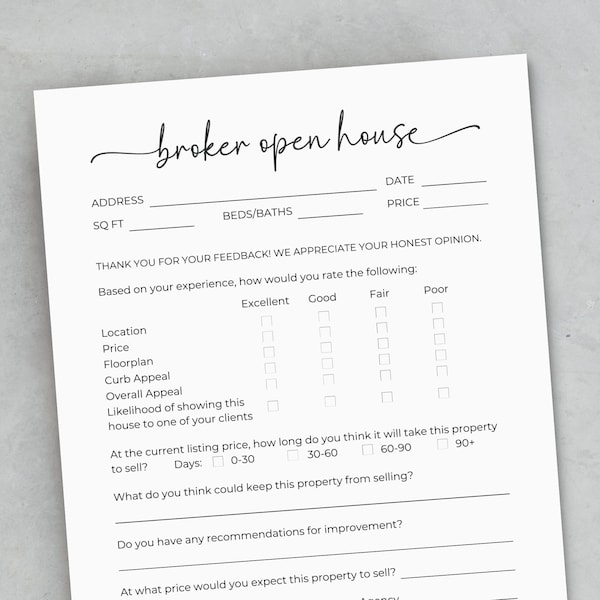 Broker Open House Feedback Form, Agent Open House Sheet, Brokers Open Printable, Realtor Feedback Questionnaire, Real Estate Canva Template