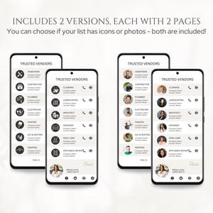 May include: Two versions of a mobile phone screen displaying a list of trusted vendors with icons or photos. The list includes categories such as handyman, contractor, cleaning, landscaping, architect, painter, AC & heating, roofing, and appliance repair.