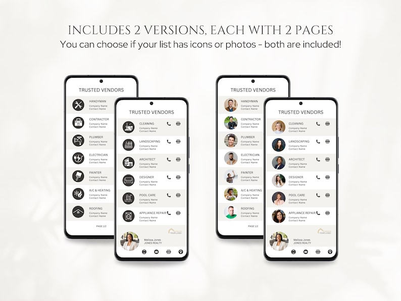 May include: Two versions of a mobile phone screen displaying a list of trusted vendors with icons or photos. The list includes categories such as handyman, contractor, cleaning, landscaping, architect, painter, AC & heating, roofing, and appliance repair.