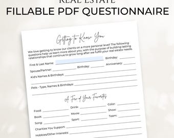 Könnte beinhalten: Ein druckbarer PDF-Fragebogen für Immobilien mit dem Titel "Getting to Know You" und "Let's Connect". Der Fragebogen fragt nach persönlichen Informationen wie Namen, Geburtstage und Lieblingsdingen.