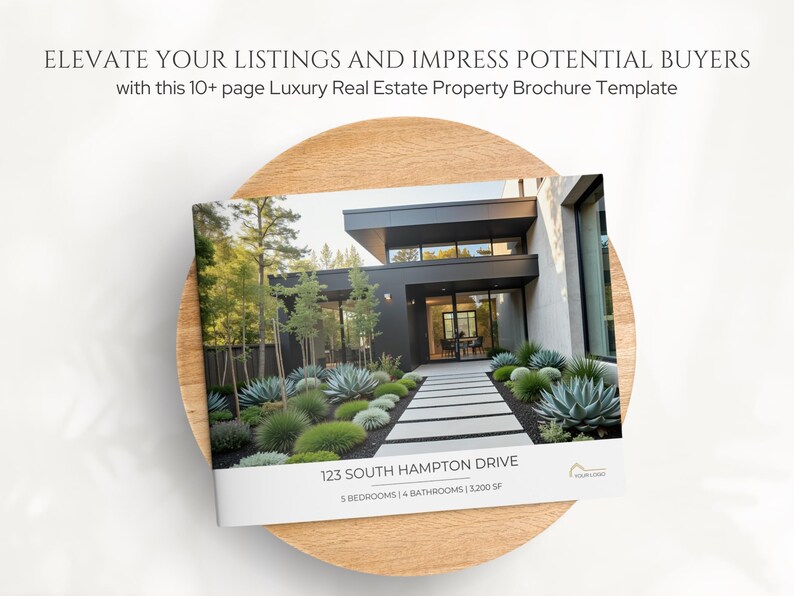 K&ouml;nnte beinhalten: Eine Brosch&uuml;renvorlage f&uuml;r Luxusimmobilien. Die Brosch&uuml;re zeigt ein modernes Haus mit einem angelegten Garten. Der Text auf der Brosch&uuml;re lautet "ELEVATE YOUR LISTINGS AND IMPRESS POTENTIAL BUYERS" und "123 SOUTH HAMPTON DRIVE". Die Brosch&uuml;re liegt auf einem Holzbrett.