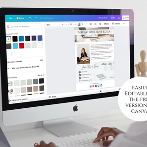 May include: A computer screen displaying a Canva design template for a moving guide. The template features a photo of a woman, text that reads "Making Your Move Easier", and a section for contact information. The text "EASILY EDITABLE IN THE FREE VERSION OF CANVA" is superimposed on the image.