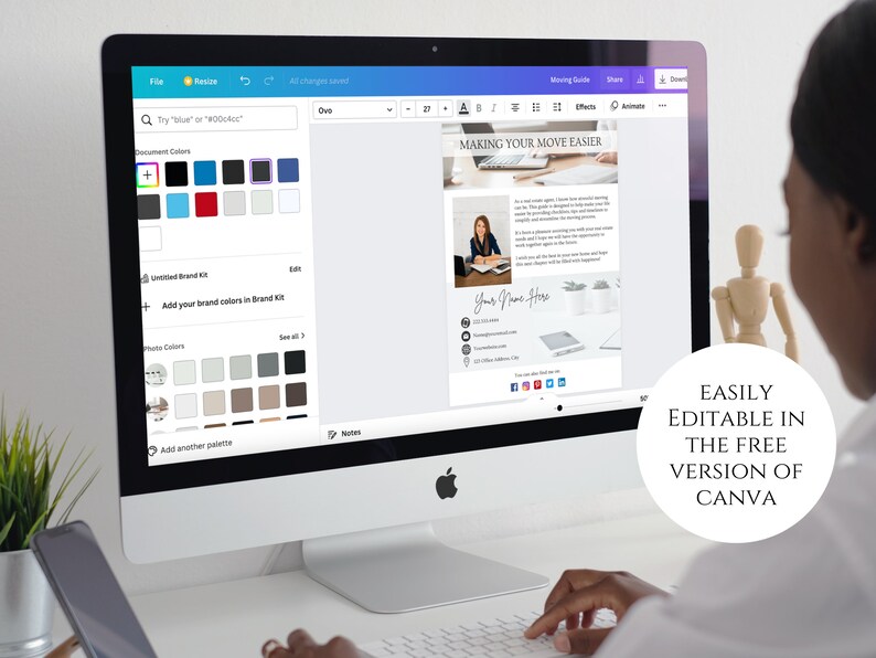 May include: A computer screen displaying a Canva design template for a moving guide. The template features a photo of a woman, text that reads "Making Your Move Easier", and a section for contact information. The text "EASILY EDITABLE IN THE FREE VERSION OF CANVA" is superimposed on the image.