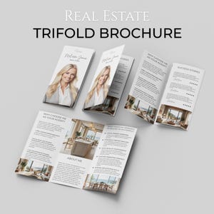 Puede incluir: Folleto tríptico para bienes raíces con el texto "REAL ESTATE TRIFOLD BROCHURE". El folleto incluye una foto de una agente inmobiliaria, "Melissa Jones, REALTOR", y secciones tituladas "WHY CHOOSE ME AS YOUR AGENT?" y "SUCCESS STORIES".