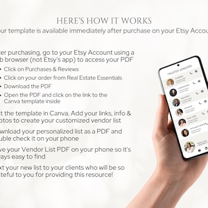 May include: A step-by-step guide on how to use a digital vendor list template. The image shows a hand holding a smartphone displaying a list of trusted vendors with their names, services, and contact information. The text on the screen reads "Trusted Vendors".