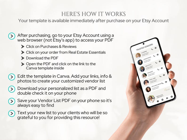 May include: A step-by-step guide on how to use a digital vendor list template. The image shows a hand holding a smartphone displaying a list of trusted vendors with their names, services, and contact information. The text on the screen reads "Trusted Vendors".