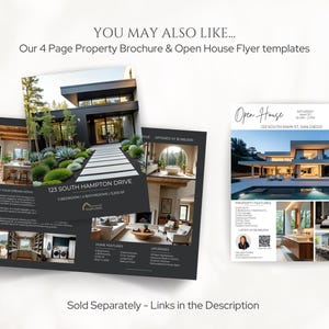 May include: A collection of real estate marketing materials, including a property brochure and an open house flyer. The brochure features images of a modern home with the address 123 South Hampton Drive. The flyer promotes an open house at 123 South Main St, San Diego.
