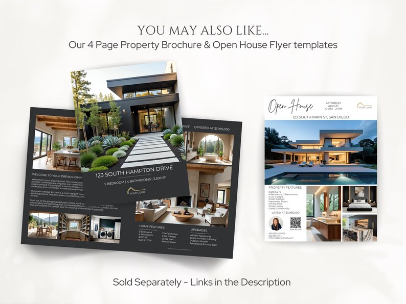 May include: A collection of real estate marketing materials, including a property brochure and an open house flyer. The brochure features images of a modern home with the address 123 South Hampton Drive. The flyer promotes an open house at 123 South Main St, San Diego.