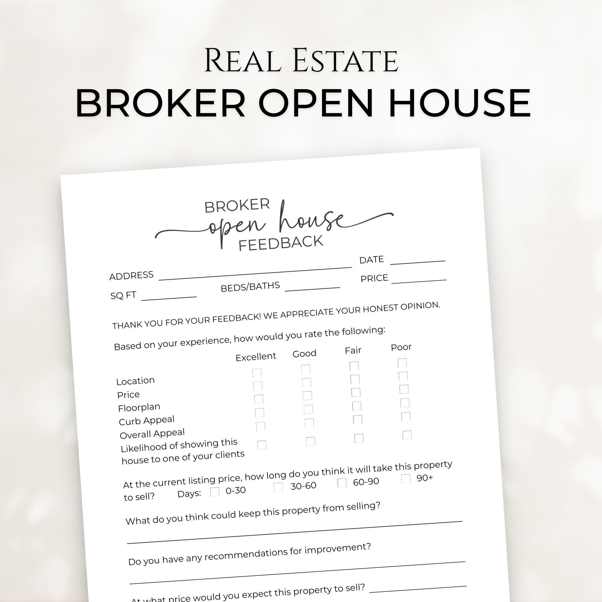 Broker Open House Feedback Form, Canva Real Estate Agent Open House Feedback Template, Realtor Printable Feedback Questionnaire Brokers Open
