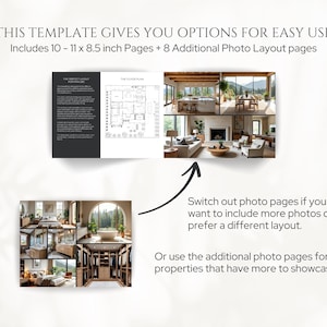 May include: A template with options for easy use, including 10-11 x 8.5 inch pages and 8 additional photo layout pages. The image shows a layout with interior design photos and a floor plan. Text on the image says, "Switch out photo pages if you want to include more photos or prefer a different layout."