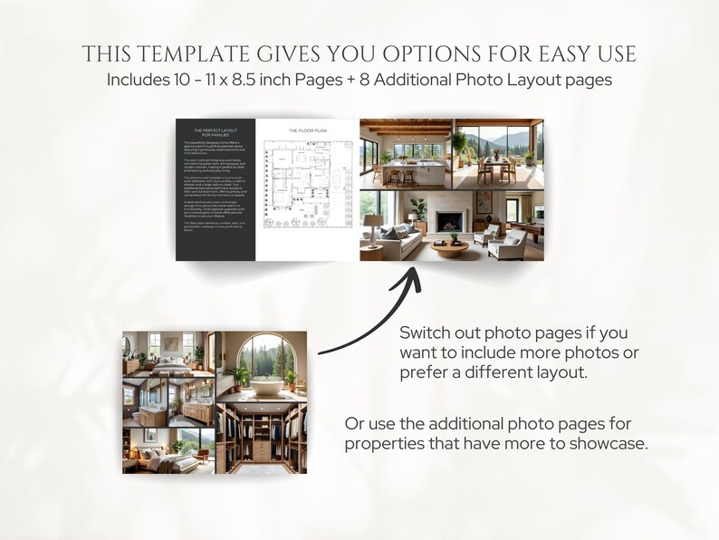 May include: A template with options for easy use, including 10-11 x 8.5 inch pages and 8 additional photo layout pages. The image shows a layout with interior design photos and a floor plan. Text on the image says, "Switch out photo pages if you want to include more photos or prefer a different layout."