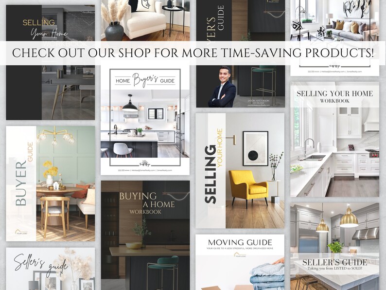 May include: A collage of images showcasing real estate guides and workbooks. The guides include titles such as "Home Buyer's Guide", "Selling Your Home Workbook", "Buying a Home Workbook", "Seller's Guide", and "Moving Guide". The images feature interior design elements such as kitchens, living rooms, and dining rooms.