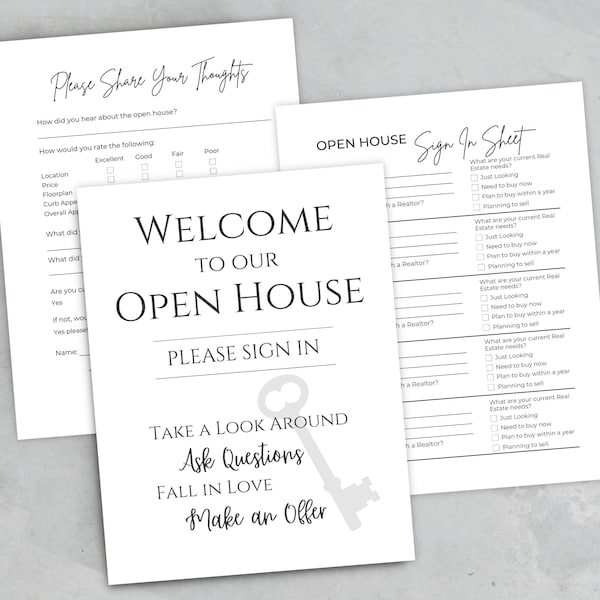 Open House Sign In Sheet PDFs, Feedback Forms, Welcome Signs | Real Estate Marketing Templates, Realtor Editable Forms, Canva