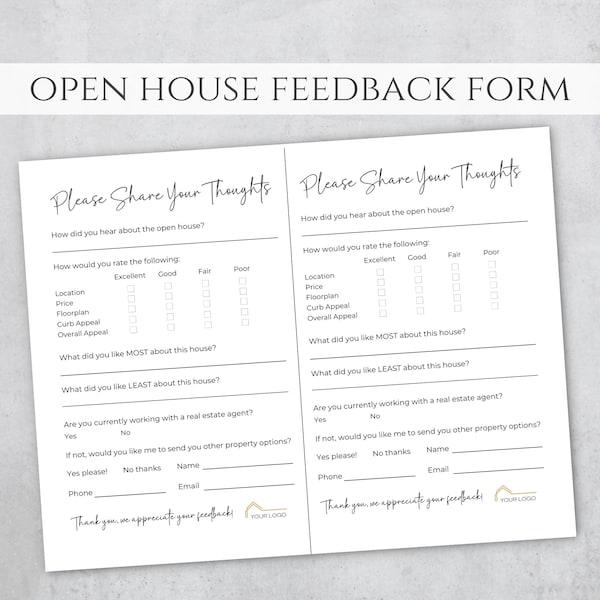 Open House Feedback Half Sheet, Realtor Feedback Form Canva, House Showings Feedback Forms Real Estate, Printable Feedback Questionnaire