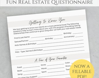 Real Estate Questionnaire, Lead Intake Form for Buyers and Sellers, Getting to Know You Form, Fun Buyer & Seller Questionnaire for Realtors