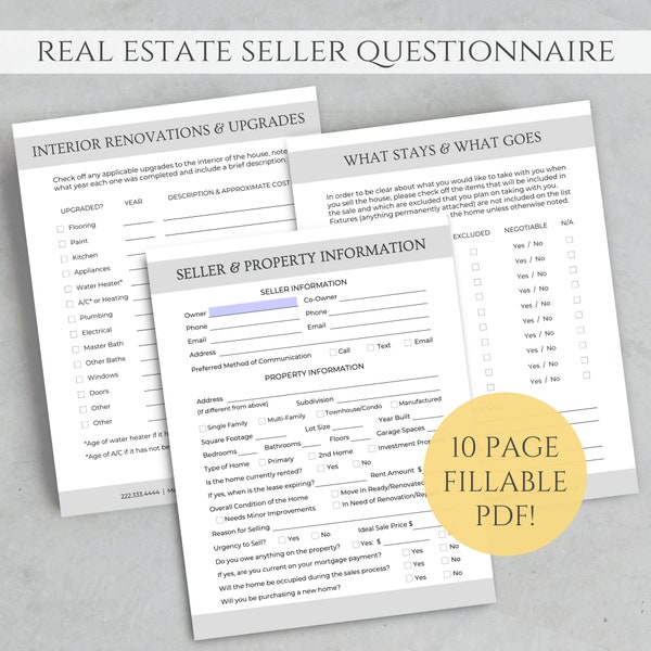 Realtor Seller Packet, Seller Questionnaire, Selling Your Home Workbook, Listing Packet, Seller Info Sheet, Real Estate Marketing Templates