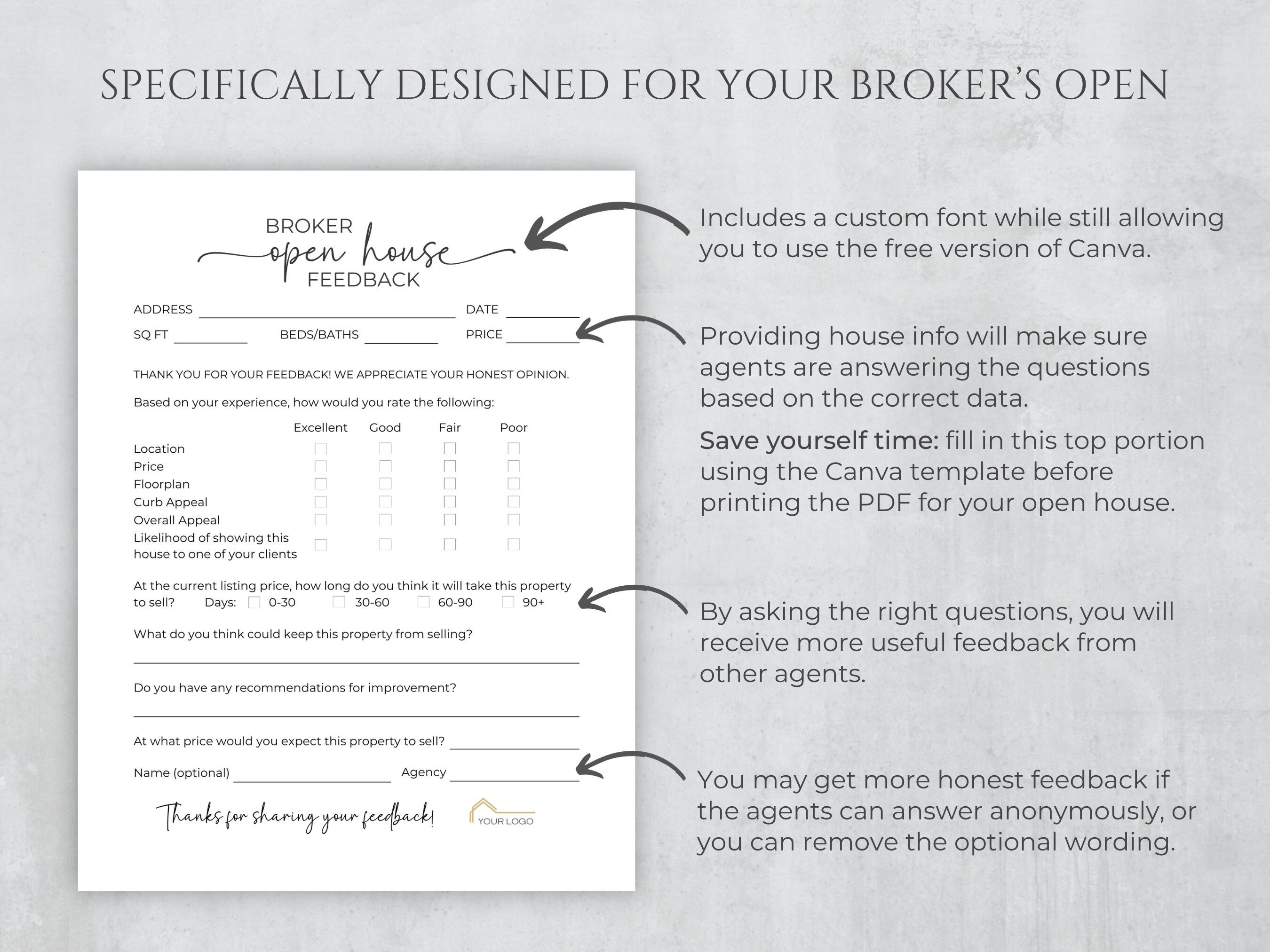 Broker Open House Feedback Form, Agent Open House Sheet, Brokers Open ...
