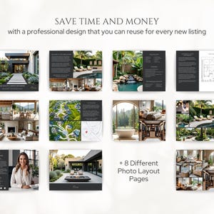 May include: A collection of design layouts with images of luxury homes and text that reads "SAVE TIME AND MONEY with a professional design that you can reuse for every new listing." The layouts include various interior and exterior shots, and the text "+ 8 Different Photo Layout Pages."