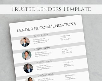 Mortgage Lender Recommendation List, Trusted Lenders, Loan Officer Template, Buyers Packet, Realtor Referrals, Real Estate Marketing, Canva