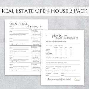 May include: Black and white open house sign-in sheet with a section for visitor information and a section for feedback on the property. The feedback section includes questions about the location, price, floorplan, curb appeal, and overall appeal. It also asks what the visitor liked most and least about the house and if they are working with a real estate agent.