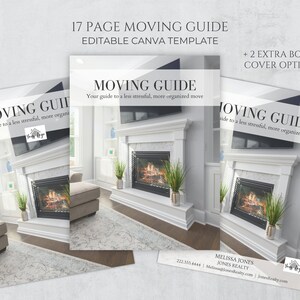 May include: A 17-page moving guide template in a Canva format. The cover features a fireplace with a white mantel and a gray rug. The text on the cover reads "Moving Guide" and "Your guide to a less stressful, more organized move".